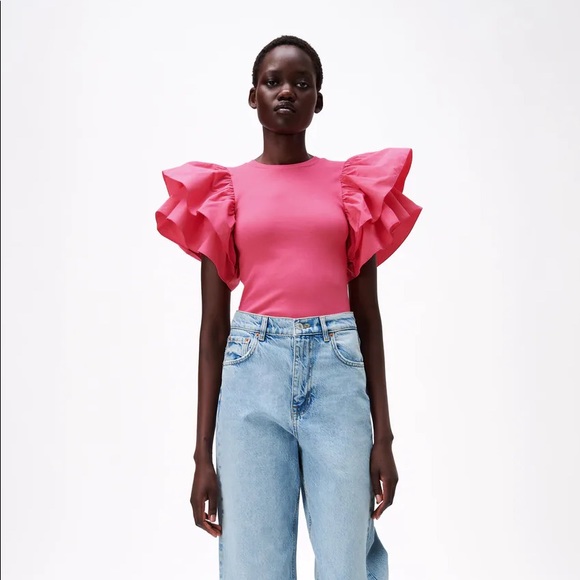 Zara | Tops | Zara Hot Pink Ruffle Sleeve Bodysuit | Poshmark
